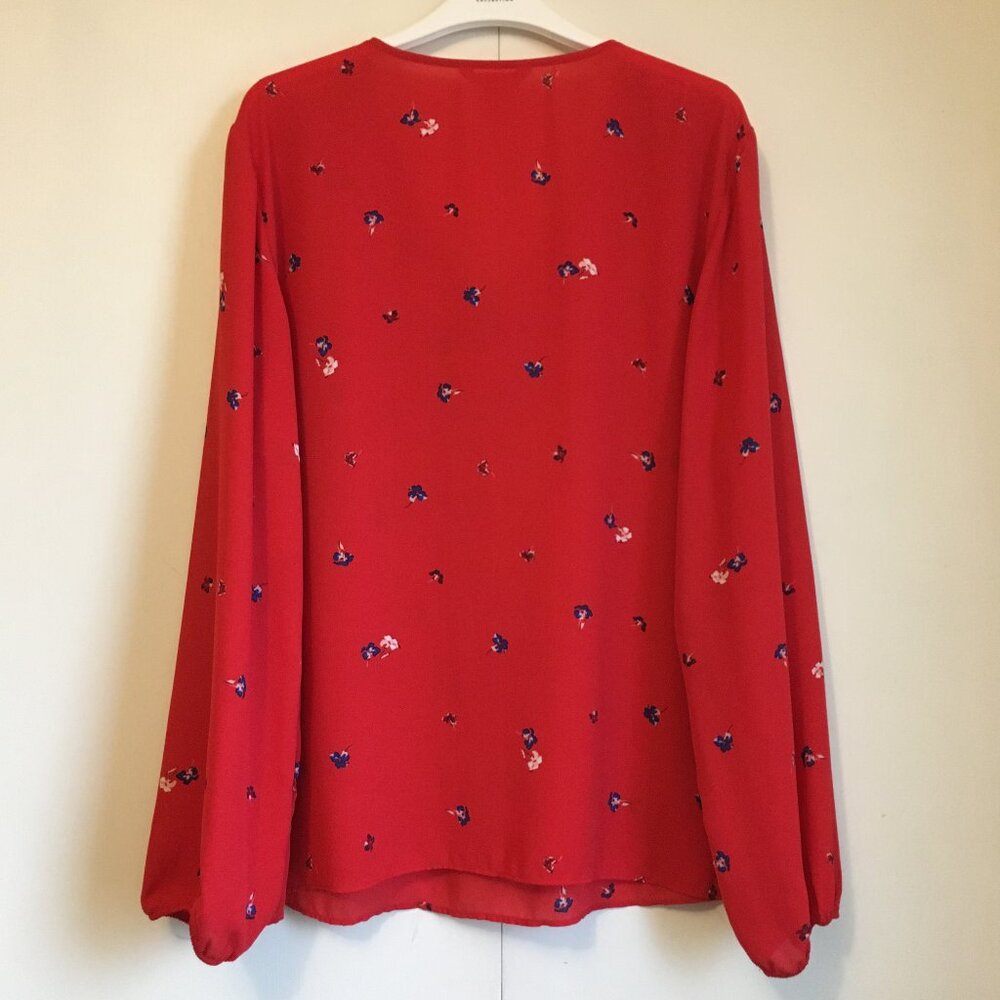 Joe Fresh Poppy Red Sheer Floral Blouse Peasant Sleeve V-Neck XL - Picture 2 of 16
